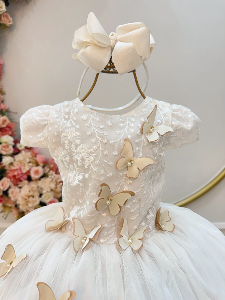Vestido Infantil Marfim Renda e Borboletas Dama
