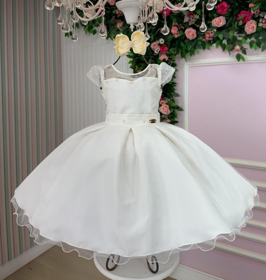 Vestido Infantil Isabela Mini Miss Off-white Tule Micro Poá