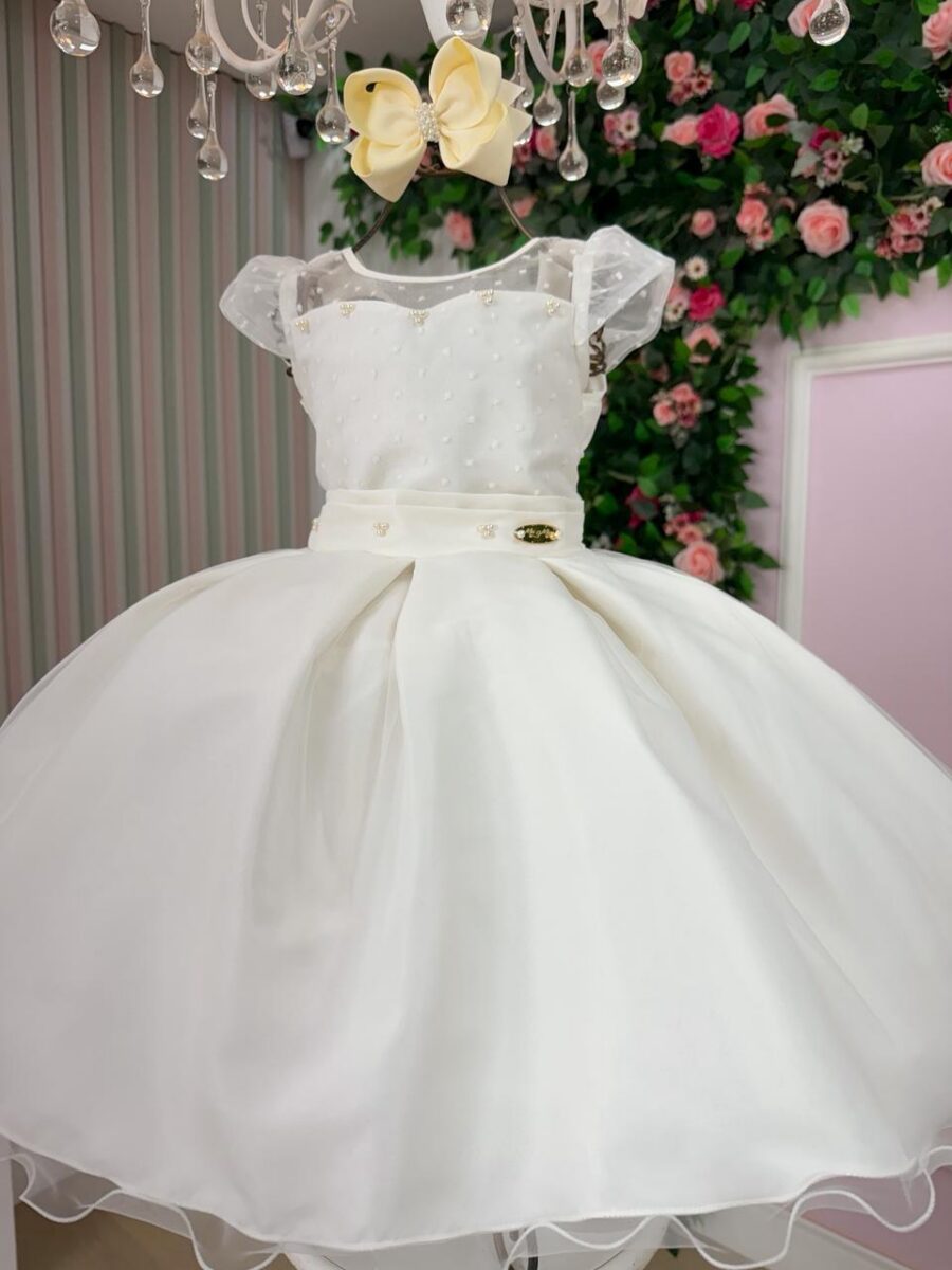 Vestido Infantil Isabela Mini Miss Off-white Tule Micro Poá