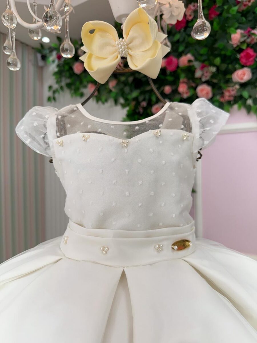 Vestido Infantil Isabela Mini Miss Off-white Tule Micro Poá