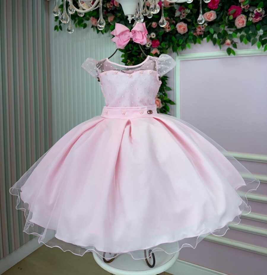 Vestido Infantil Isabela Mini Miss Rosa Tule Micro Poá
