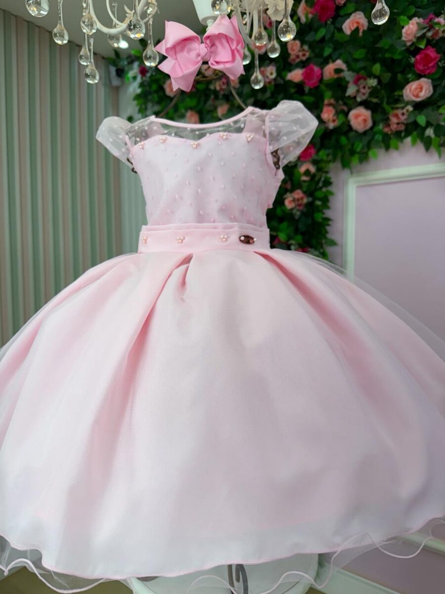 Vestido Infantil Isabela Mini Miss Rosa Tule Micro Poá
