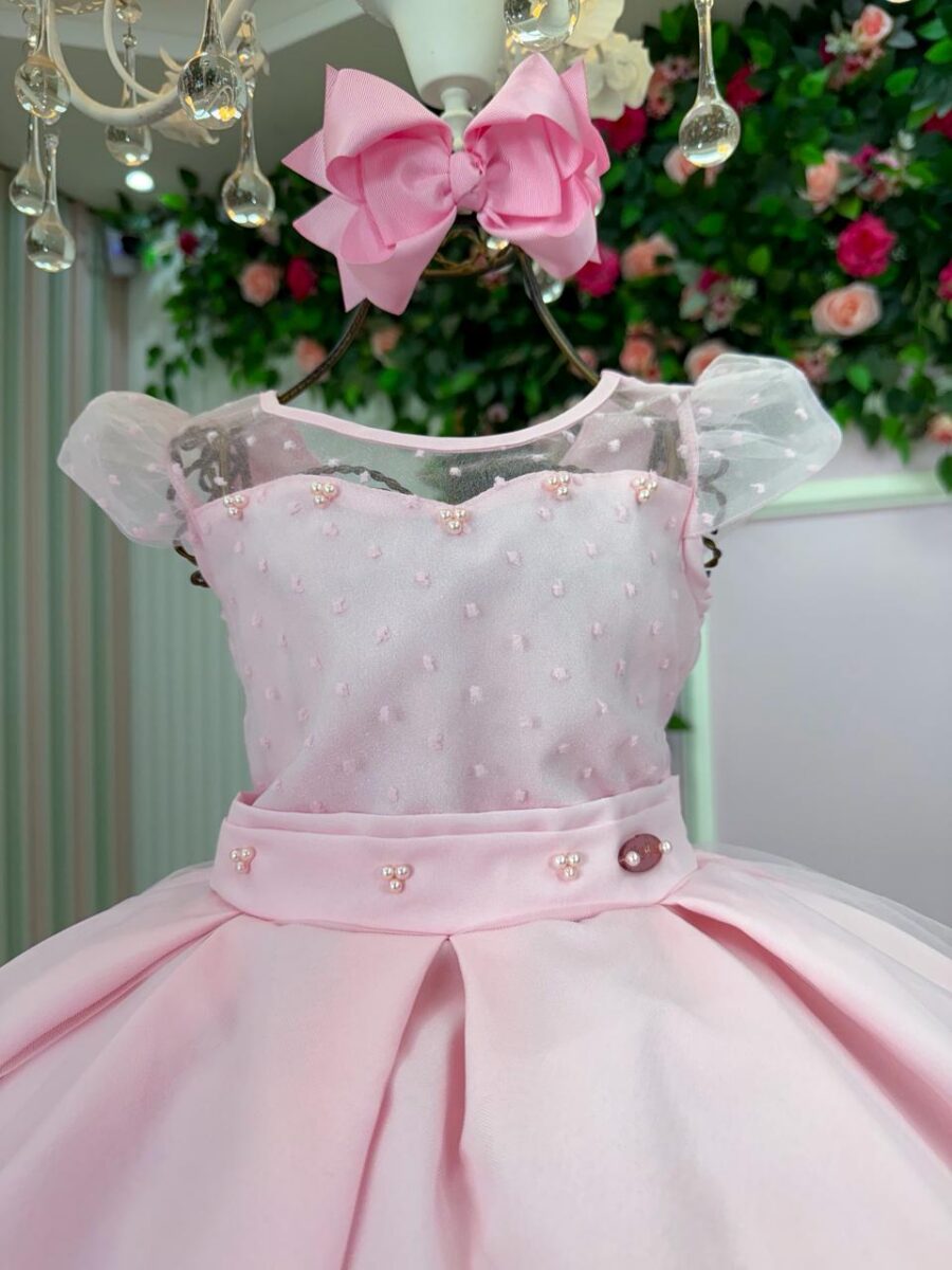 Vestido Infantil Isabela Mini Miss Rosa Tule Micro Poá