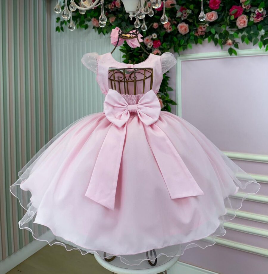 Vestido Infantil Isabela Mini Miss Rosa Tule Micro Poá
