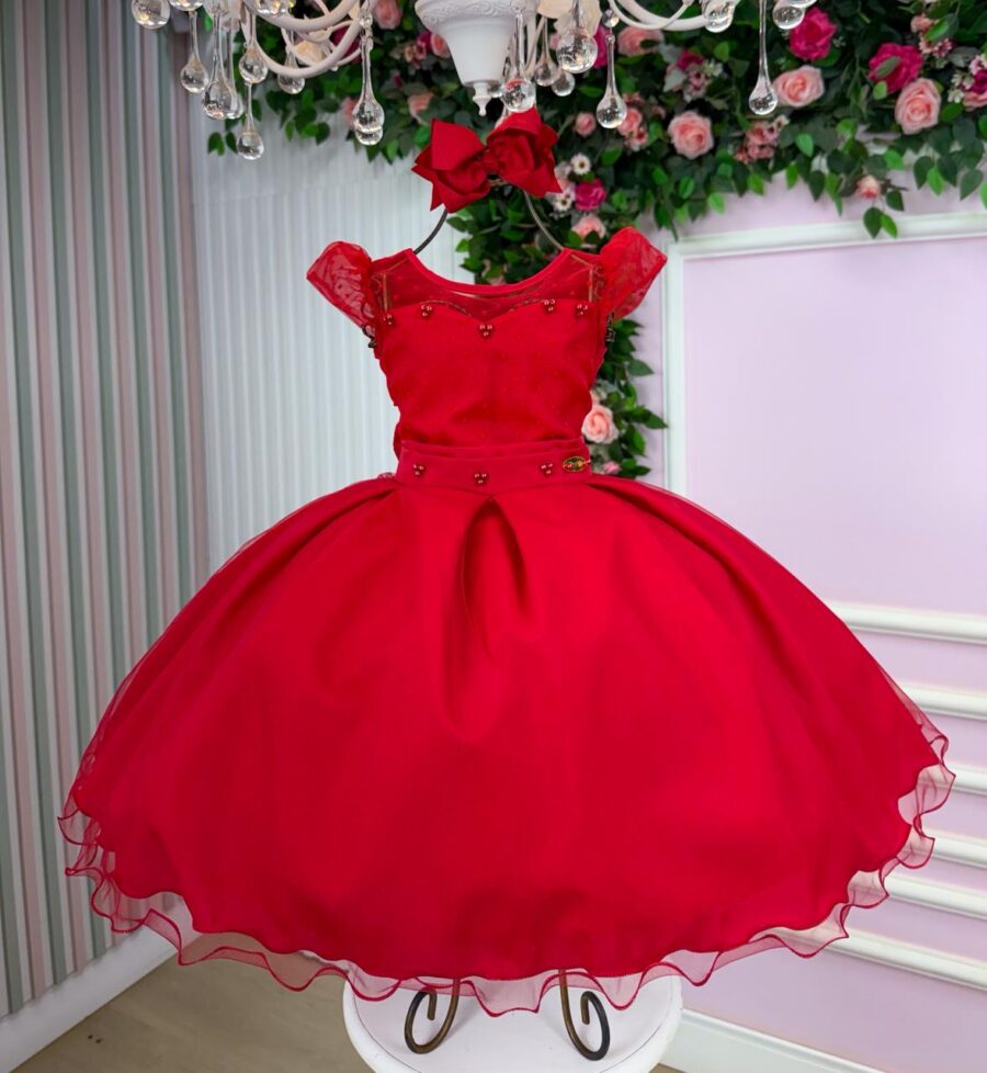 Vestido Infantil Isabela Mini Miss Vermelho Tule Micro Poá