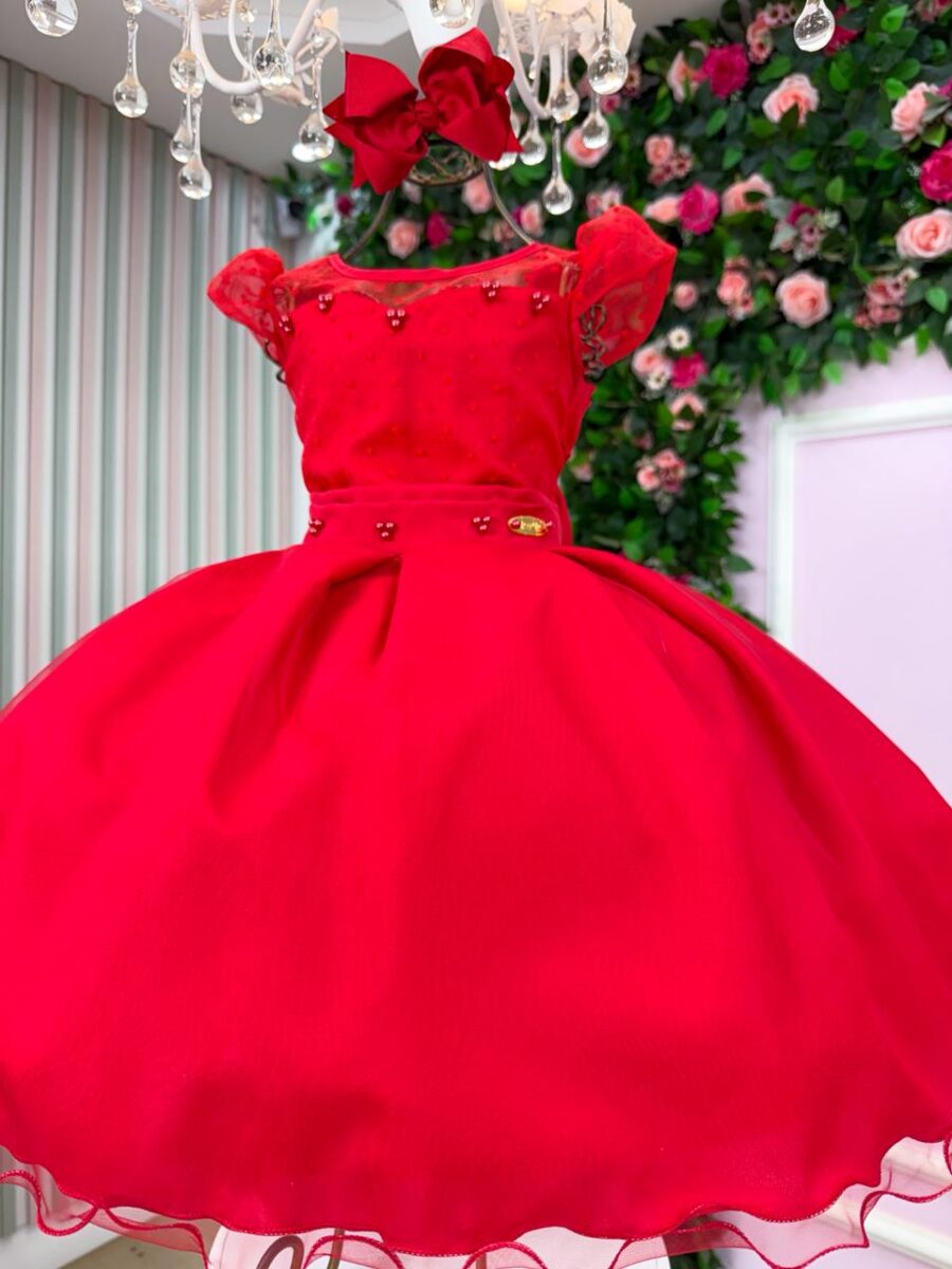 Vestido Infantil Isabela Mini Miss Vermelho Tule Micro Poá