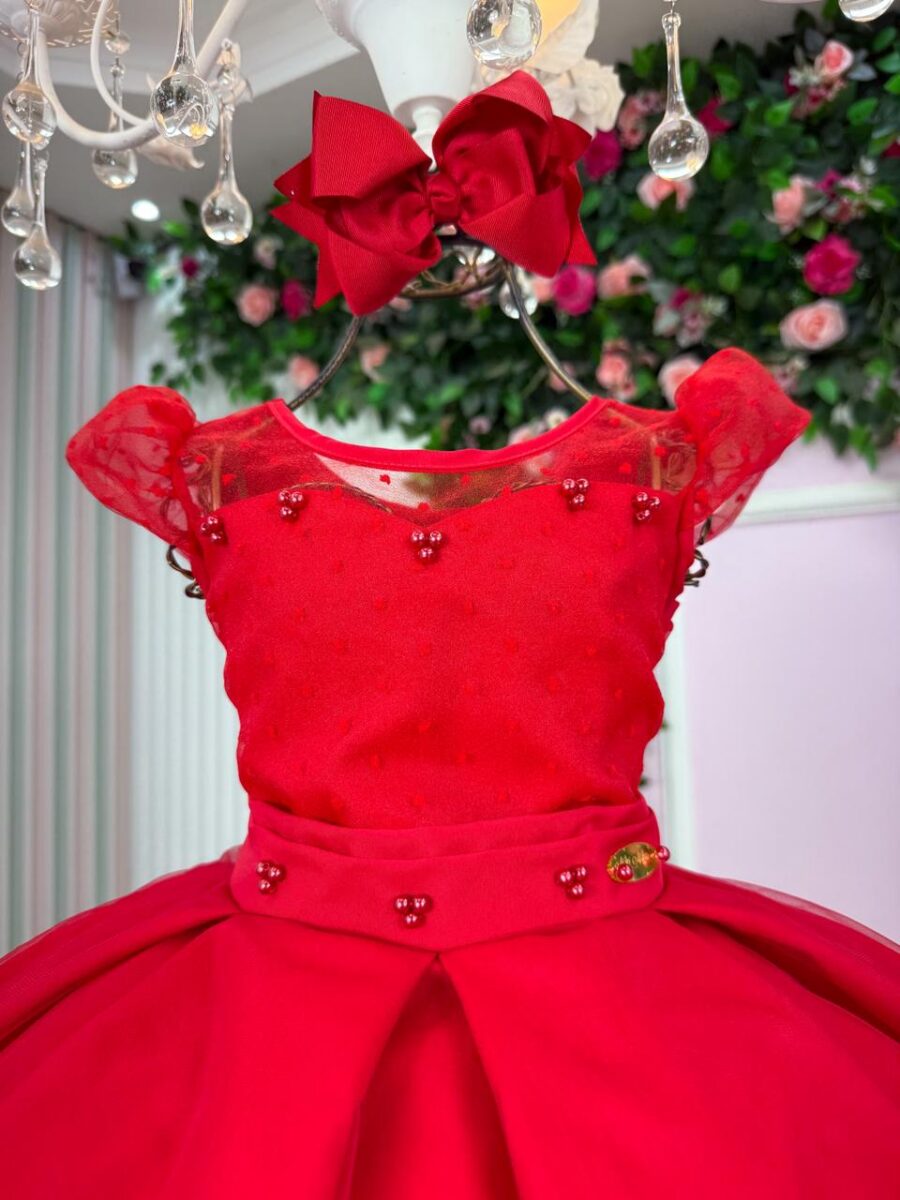 Vestido Infantil Isabela Mini Miss Vermelho Tule Micro Poá