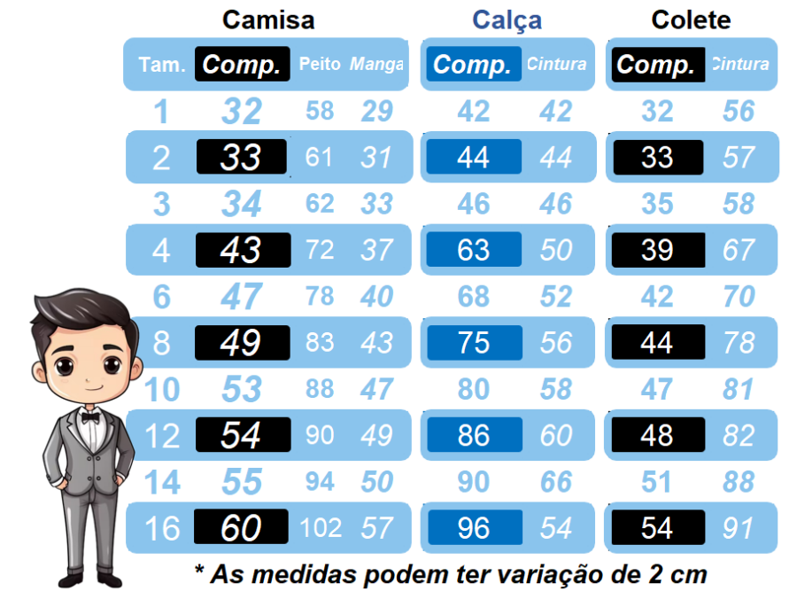 Conjunto Social Infantil Camisa Calça Colete Gravata Azul