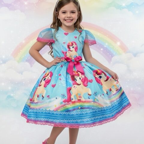 Fantasia Infantil Vestido Unicórnio Colorido com Glitter