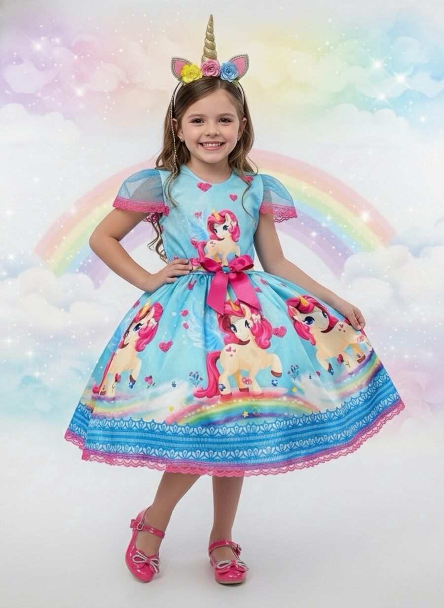 Fantasia Infantil Vestido Unicórnio Colorido com Glitter