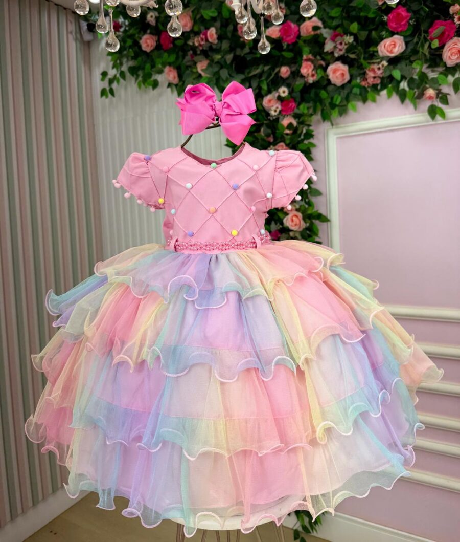 Vestido Infantil Arco-Íris Aurora Menina Bonita Candy Tule