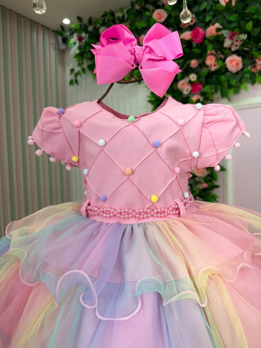 Vestido Infantil Arco-Íris Aurora Menina Bonita Candy Tule