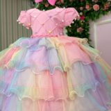 Vestido Infantil Arco-Íris Aurora Menina Bonita Candy Tule