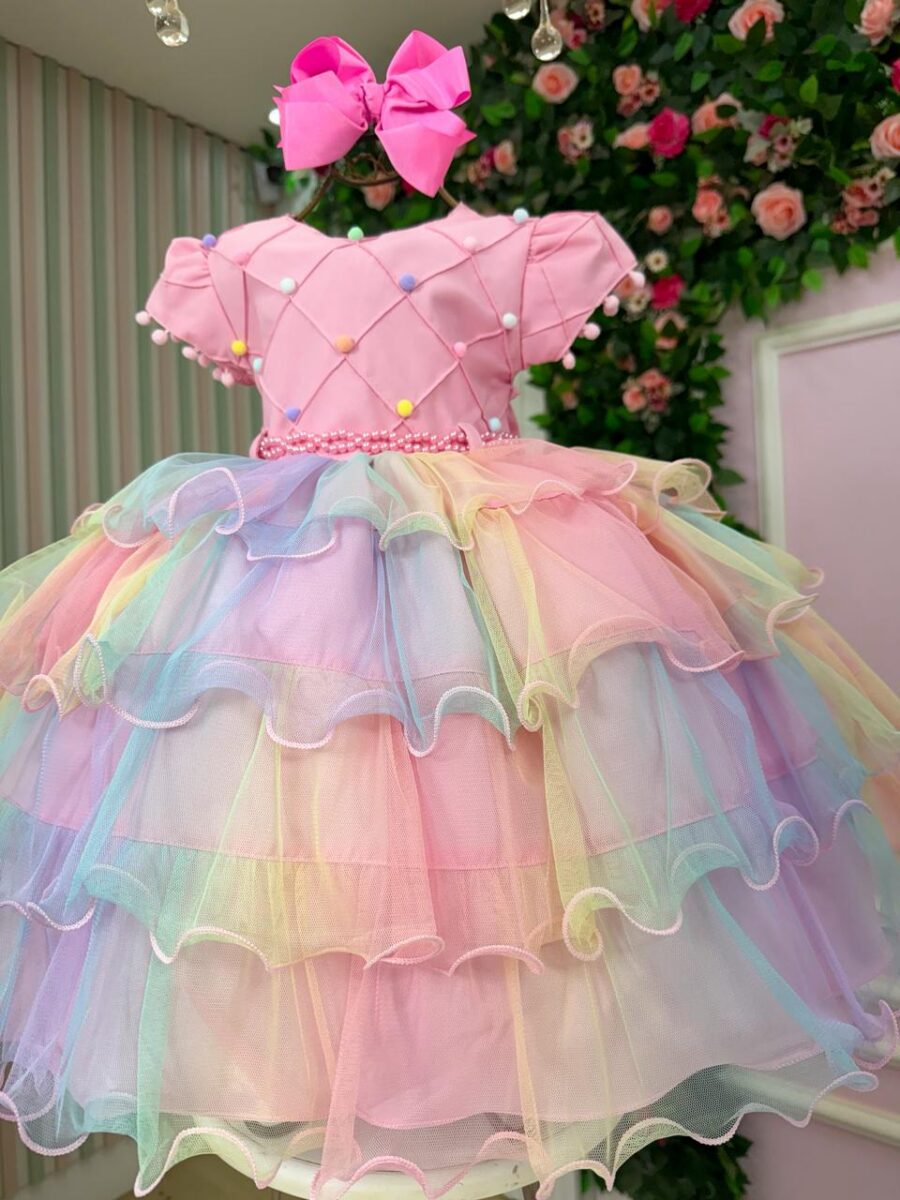 Vestido Infantil Arco-Íris Aurora Menina Bonita Candy Tule