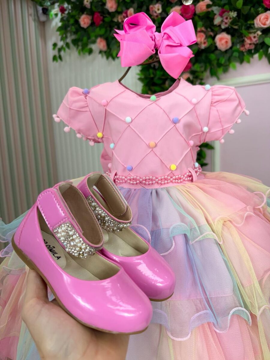 Vestido Infantil Arco-Íris Aurora Menina Bonita Candy Tule
