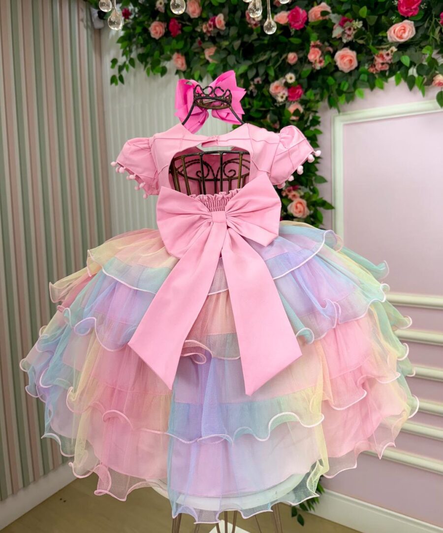 Vestido Infantil Arco-Íris Aurora Menina Bonita Candy Tule