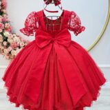 Vestido Infantil Vermelho Busto Renda Mangas Bufantes