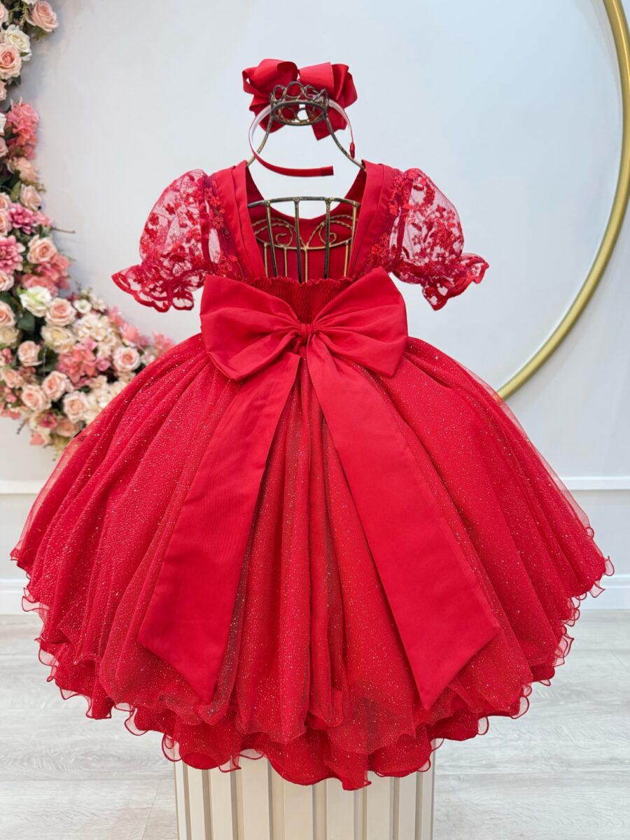 Vestido Infantil Vermelho Busto Renda Mangas Bufantes