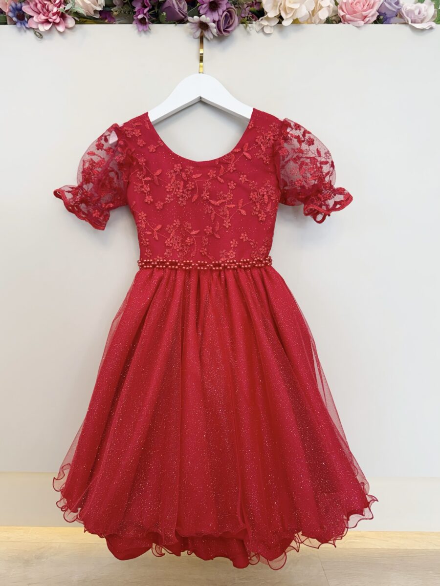 Vestido Infantil Vermelho Busto Renda Mangas Bufantes