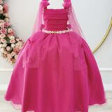Vestido Infantil Longo Pink com Borboletas Festa