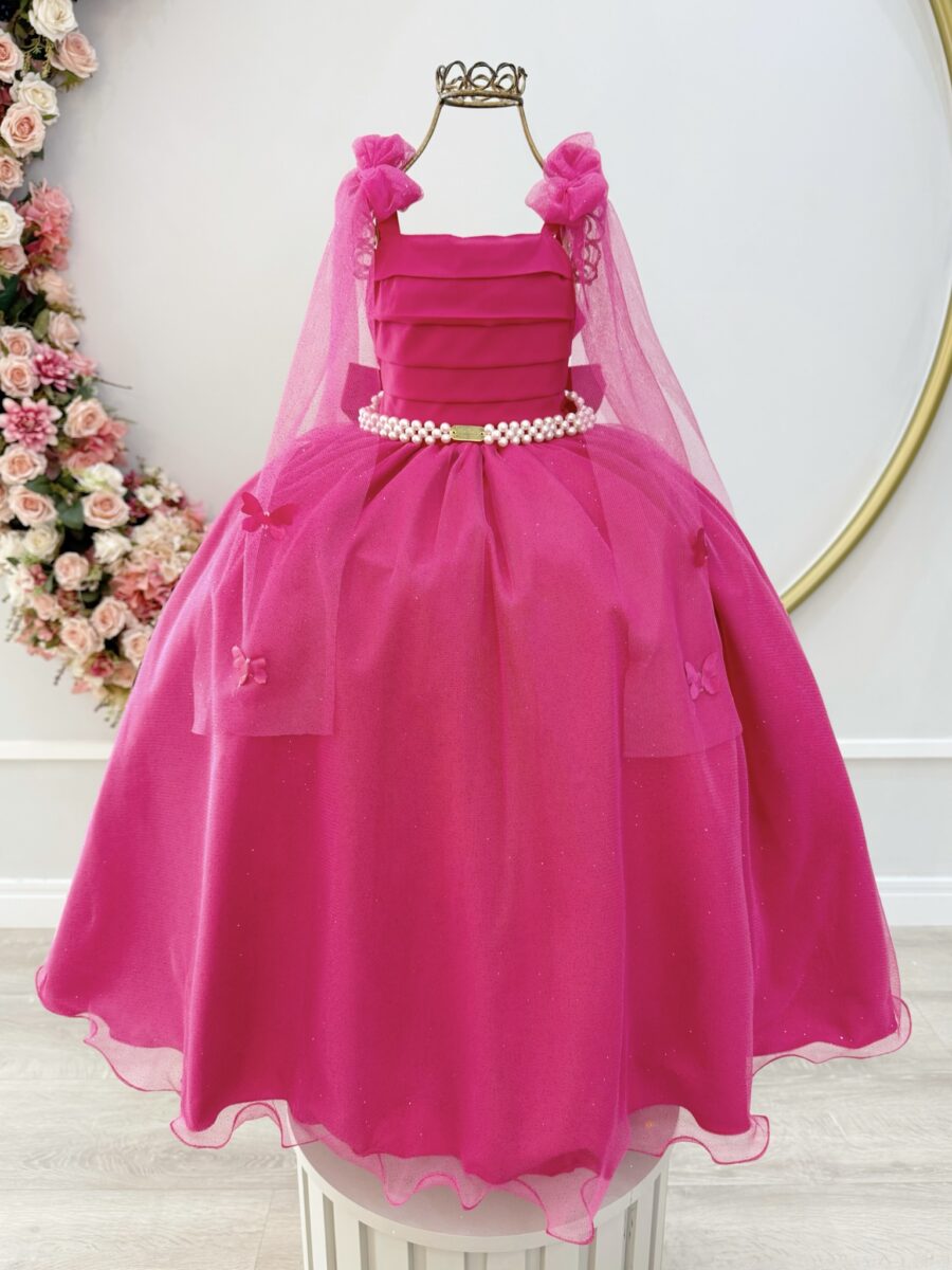 Vestido Infantil Longo Pink com Borboletas Festa