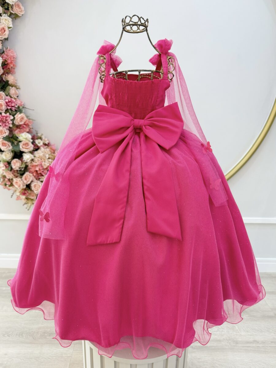 Vestido Infantil Longo Pink com Borboletas Festa