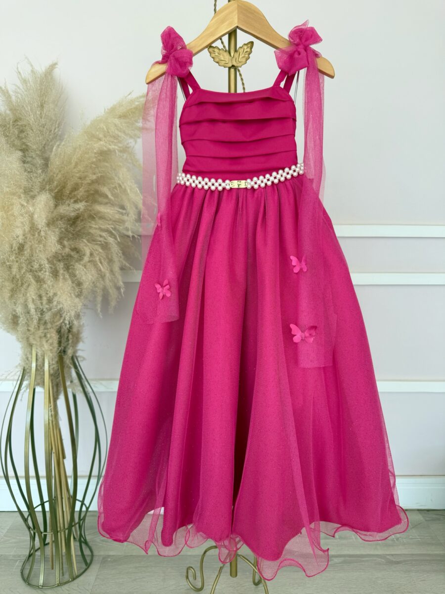 Vestido Infantil Longo Pink com Borboletas Festa