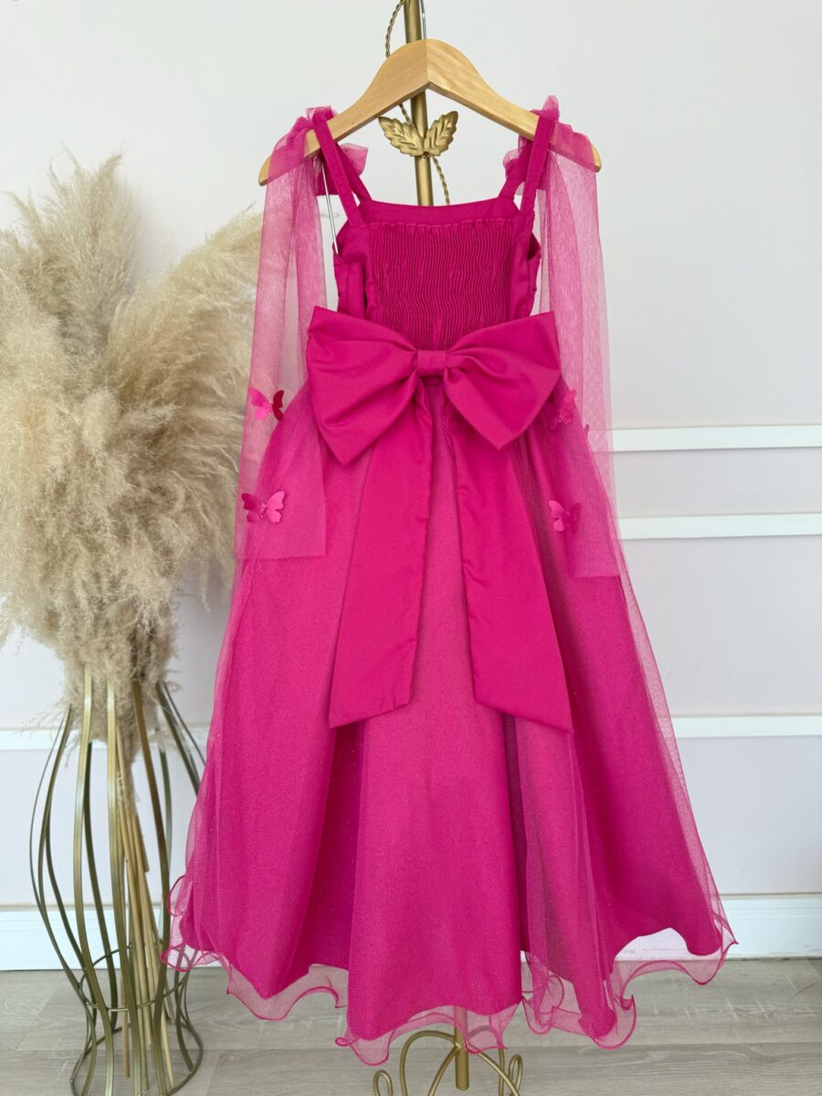 Vestido Infantil Longo Pink com Borboletas Festa