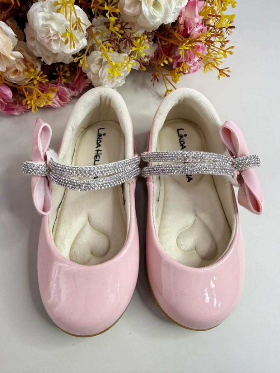Sapato Bebê Verniz Rosa Claro Tiras com Strass e Laço