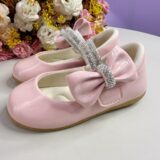 Sapato Bebê Verniz Rosa Claro Tiras com Strass e Laço