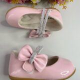 Sapato Bebê Verniz Rosa Claro Tiras com Strass e Laço