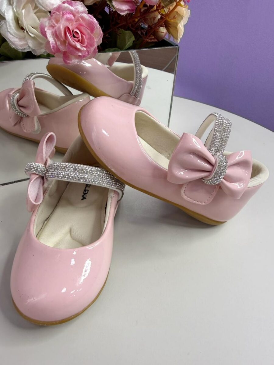 Sapato Bebê Verniz Rosa Claro Tiras com Strass e Laço