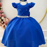 Vestido Longo Infantil Daminha Azul Royal Busto Nervura