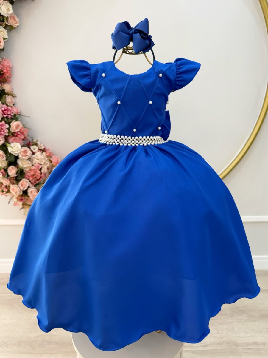 Vestido Longo Infantil Daminha Azul Royal Busto Nervura
