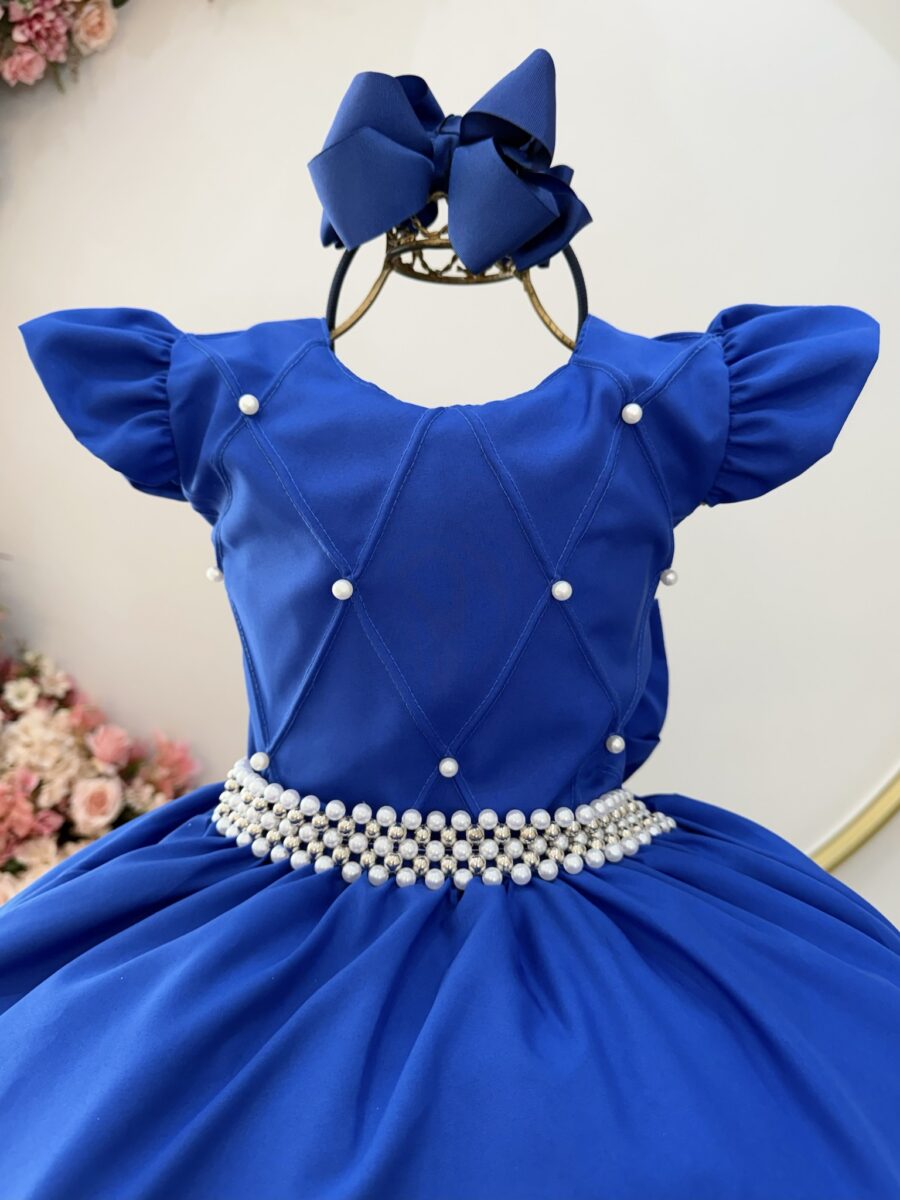 Vestido Longo Infantil Daminha Azul Royal Busto Nervura