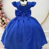 Vestido Longo Infantil Daminha Azul Royal Busto Nervura