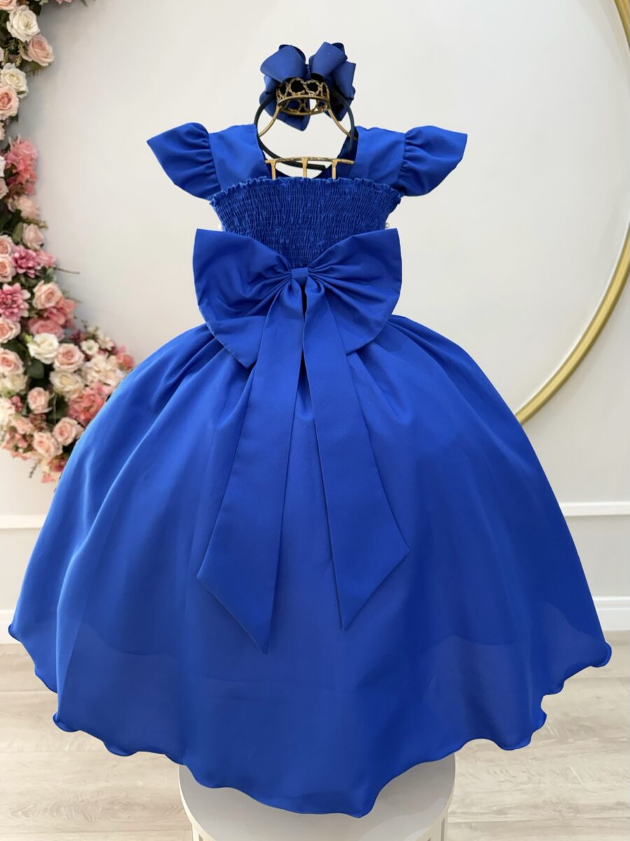 Vestido Longo Infantil Daminha Azul Royal Busto Nervura