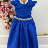 Vestido Longo Infantil Daminha Azul Royal Busto Nervura