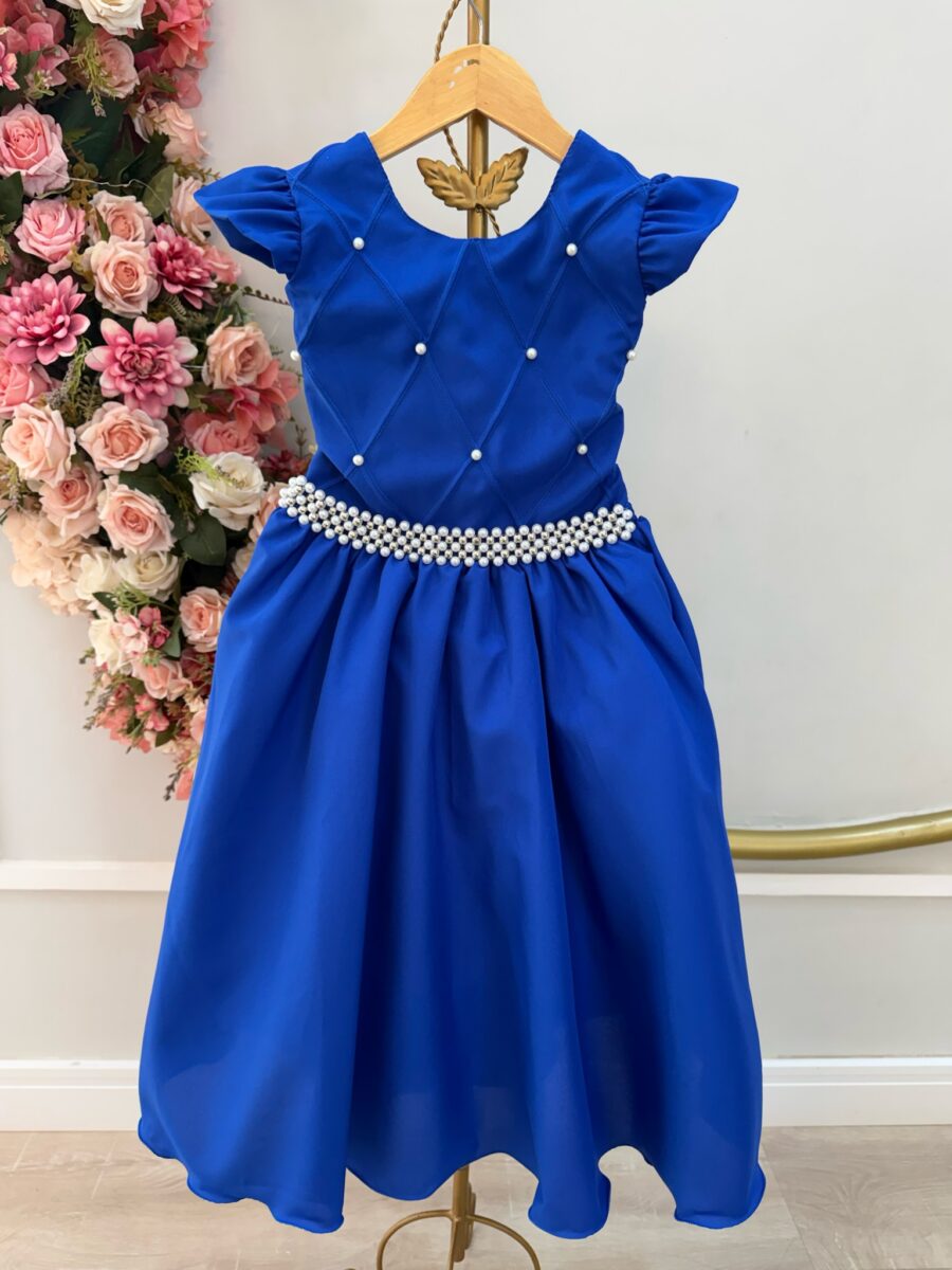 Vestido Longo Infantil Daminha Azul Royal Busto Nervura