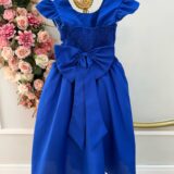Vestido Longo Infantil Daminha Azul Royal Busto Nervura