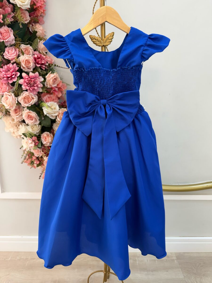 Vestido Longo Infantil Daminha Azul Royal Busto Nervura