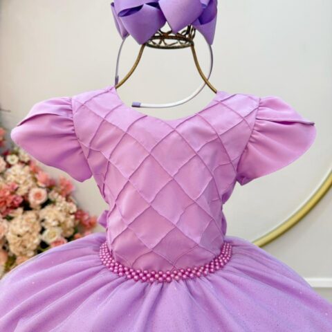Vestido Infantil Lilás C/ Busto Nervura Festas Daminhas