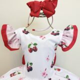 Vestido Infantil Branco e Vermelho Estampa Cereja