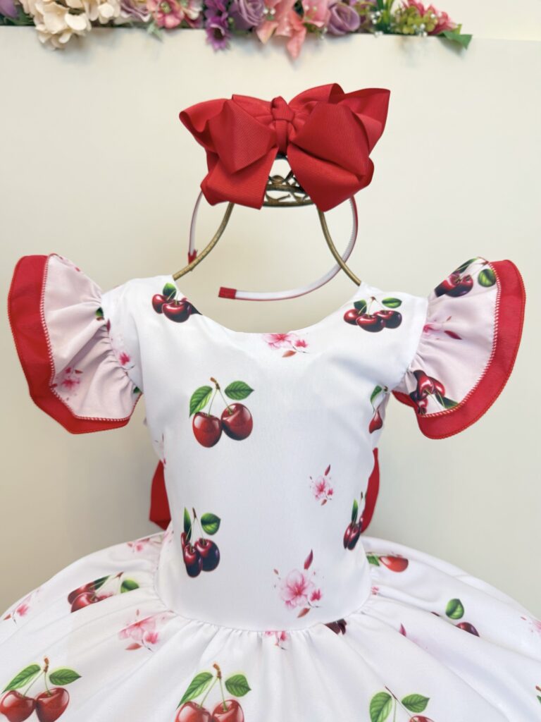 Vestido Infantil Branco e Vermelho Estampa Cereja
