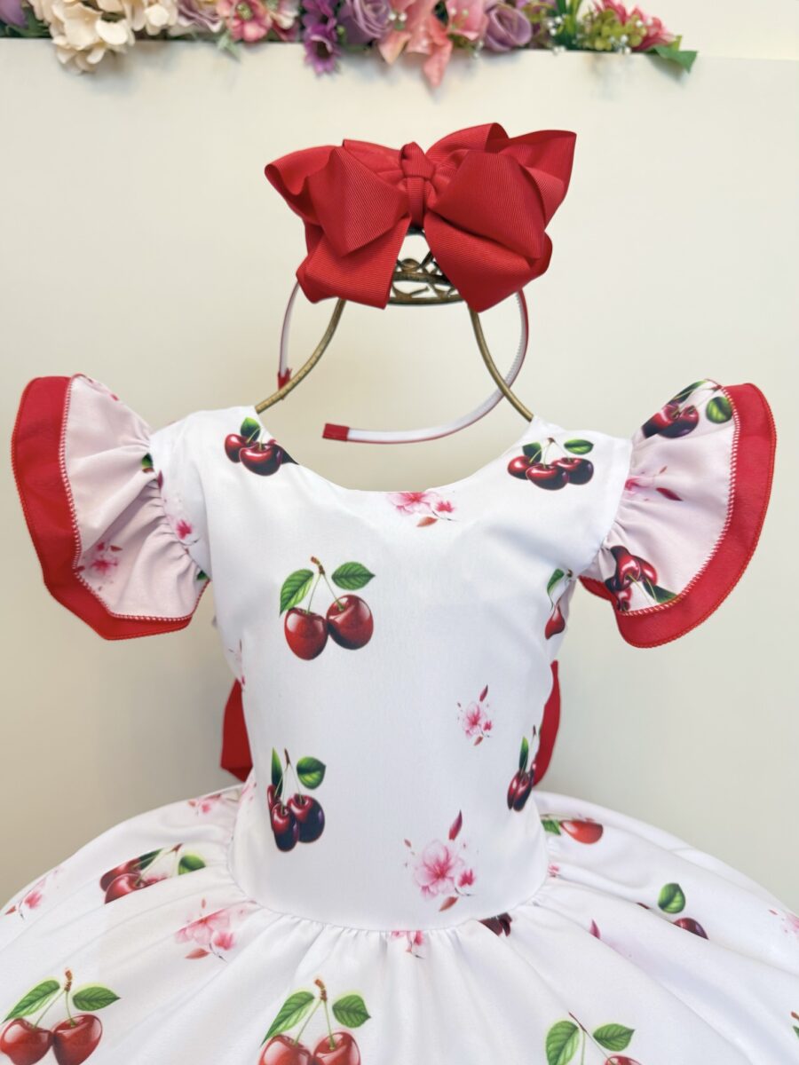 Vestido Infantil Branco e Vermelho Estampa Cereja