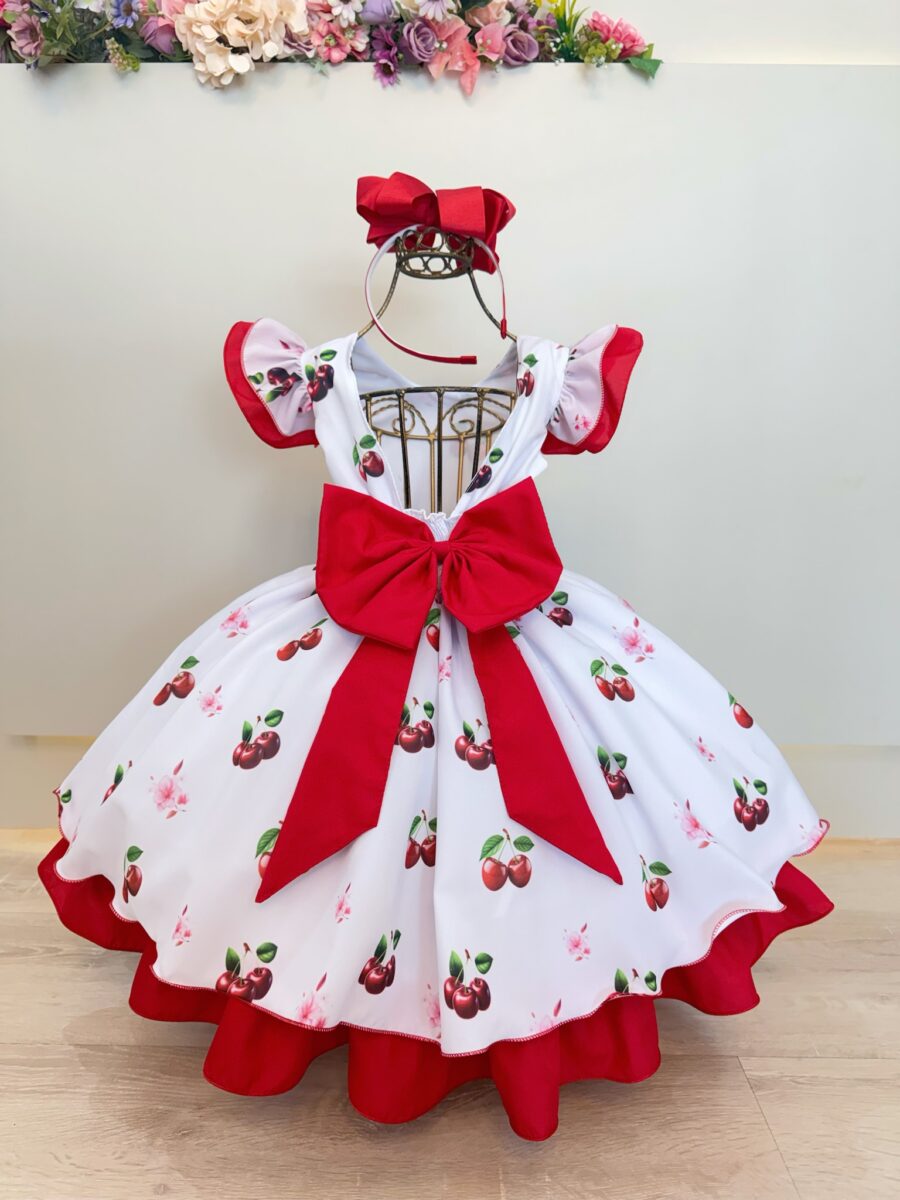 Vestido Infantil Branco e Vermelho Estampa Cereja