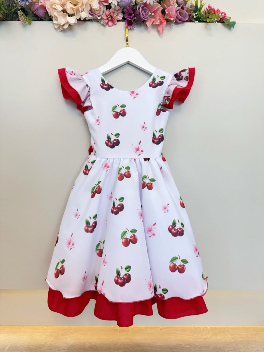 Vestido Infantil Branco e Vermelho Estampa Cereja