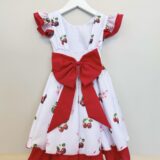 Vestido Infantil Branco e Vermelho Estampa Cereja