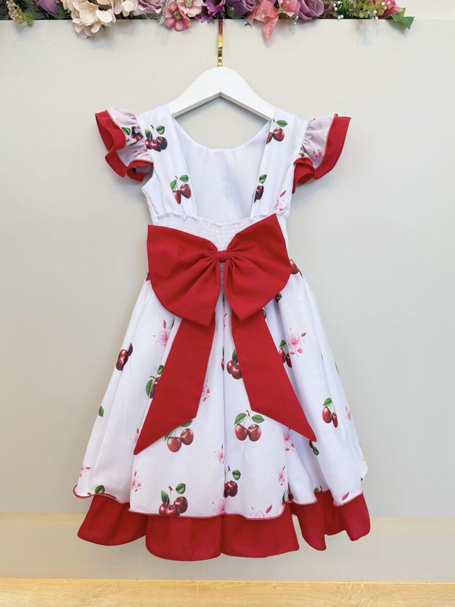 Vestido Infantil Branco e Vermelho Estampa Cereja