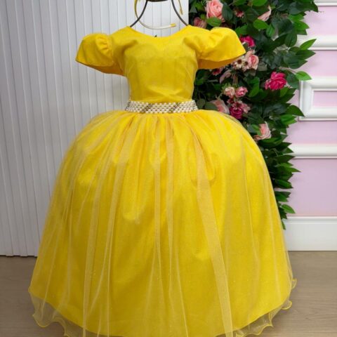 Vestido Longo Infantil Heloísa Marie Amarelo Tule Glitter